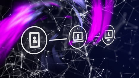 Animation-of-network-of-digital-icons-and-purple-light-trails-with-connections