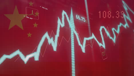 Animation-Der-Verarbeitung-Finanzieller-Daten-Vor-Dem-Hintergrund-Einer-Wehenden-China-Flagge