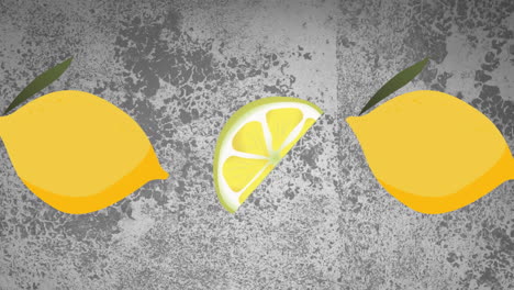 Animation-of-lemons-moving-over-grey-distressed-background