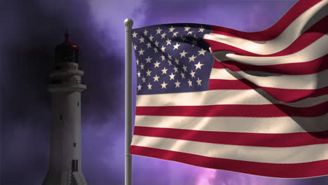 Animation-of-flag-of-united-states-of-america-over-lighthouse-and-stormy-clouds