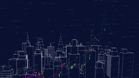 Animation-Der-Verarbeitung-Finanzieller-Daten-über-Einem-Sich-Drehenden-3D-Stadtmodell-Vor-Blauem-Hintergrund