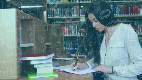 Animation-of-chemical-equations-against-caucasian-woman-studying-in-library-at-college