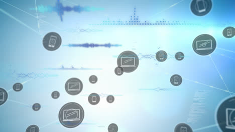Animation-Verbundener-Symbole-über-Schallwellen-Und-Computersprache-Auf-Blauem-Hintergrund