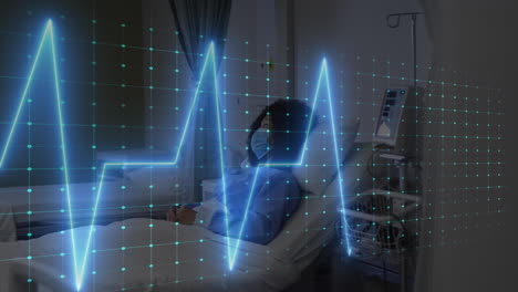 Animation-Eines-Herzfrequenzmessers-über-Einer-Afroamerikanischen-Patientin,-Die-Auf-Dem-Krankenhausbett-Liegt