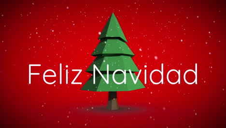 Animation-Des-Textes-„Felix-Navidad“-Und-Schneefall-über-Einem-Sich-Drehenden-Weihnachtsbaum-Auf-Rotem-Hintergrund
