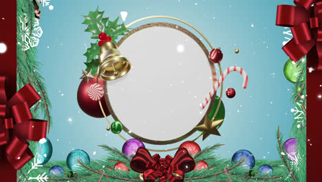 Animation-of-snow-falling-and-christmas-decorations-over-circle-with-copy-space-on-blue-background
