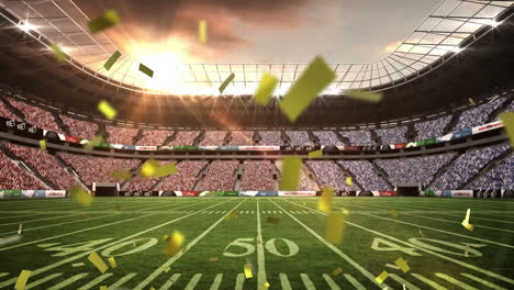 Animation-of-golden-confetti-falling-against-view-of-rugby-stadium