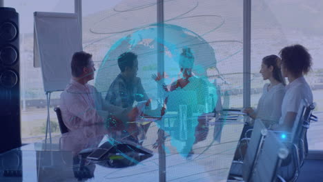 Animation-of-spinning-globe-against-group-of-diverse-businesspeople-discussing-together-at-office