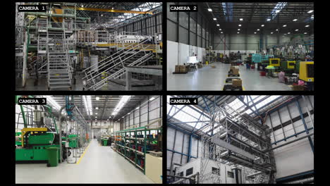 Four-security-camera-views-of-industrial-warehouse-and-factory-interiors,-slow-motion