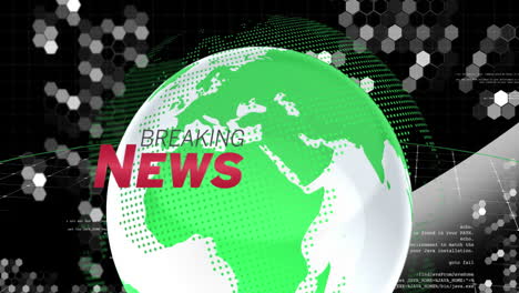 Animation-of-breaking-news-text-banner-over-spinning-globe-and-data-processing-on-black-background
