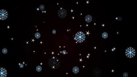 Animation-of-snowflakes-and-stars-floating-against-black-background-with-copy-space