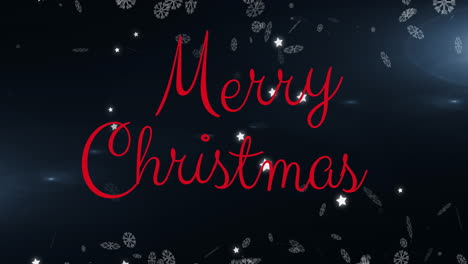 Animation-of-snowflakes-and-shining-stars-over-merry-christmas-text-banner-against-blue-background