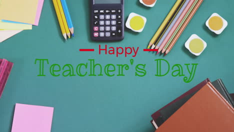 Animation-of-happy-teachers-day-text-banner-against-school-equipment-on-green-surface