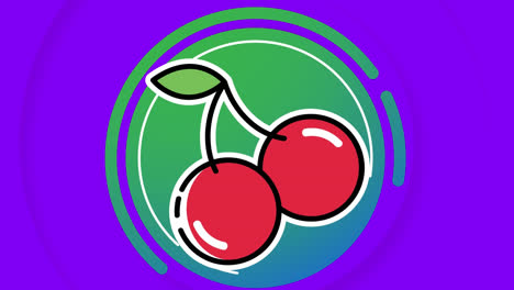 Animation-of-cherries-on-green-circle-over-purple-circles-background