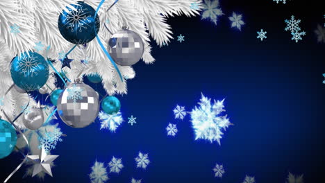 Animation-of-snowflakes-floating-over-hanging-bauble-decorations-on-a-branch-against-blue-background