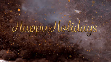 Animation-of-yellow-spots-and-happy-holidays-text-banner-against-fire-cracker-exploding