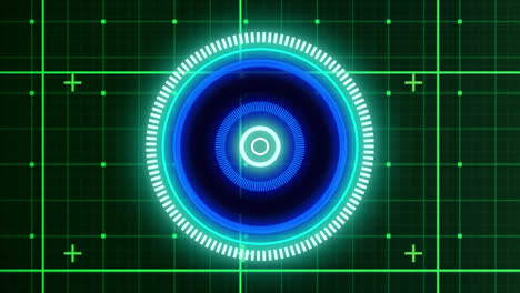 Animation-of-illuminated-circles-over-grid-pattern-against-abstract-background