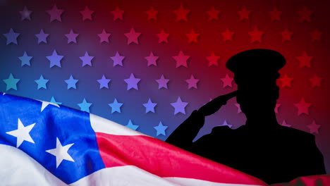 Animación-De-La-Bandera-Estadounidense-Sobre-La-Silueta-De-Un-Soldado-Saludando-Sobre-Estrellas-Blancas.