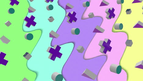 Animation-Von-3D-Kreuzen,-Würfeln,-Zylindern-Und-Dreiecken-über-Bewegten-Pastellfarbenen-Wellenstreifen