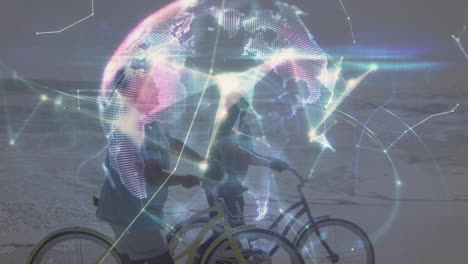Animation-Eines-Netzwerks-Von-Verbindungen-Und-Eines-Globus-über-Verschiedene-Paare,-Die-Am-Strand-Fahrrad-Fahren