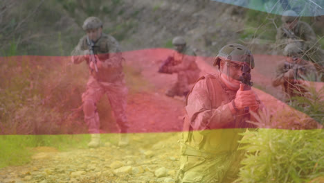 Animation-Der-Flagge-Der-USA-Und-Deutschlands-über-Verschiedenen-Männlichen-Soldaten