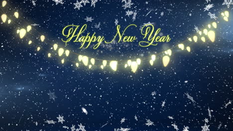 Animation-of-snowflakes-falling-over-happy-new-year-text-banner-and-fairy-lights-against-night-sky