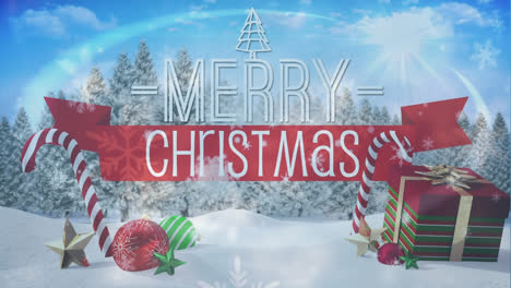 Animation-of-merry-christmas-text-with-decorations-and-gift-on-snow-covered-land-during-snowfall