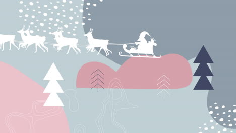 Animation-of-santa-claus-in-sleigh-pulled-by-reindeers-over-christmas-tree-and-abstract-shapes