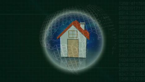 Haussymbol-über-Einem-Sich-Drehenden-Globus-Gegen-Datenverarbeitung-Auf-Grünem-Hintergrund