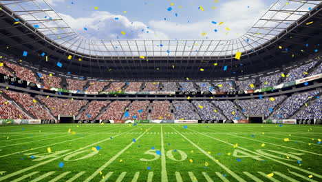 Animation-of-confetti-falling-against-view-of-rugby-sports-stadium