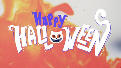 Animation-Von-Happy-Halloween-Text-Und-Katze-Auf-Orangefarbenem-Und-Weißem-Hintergrund