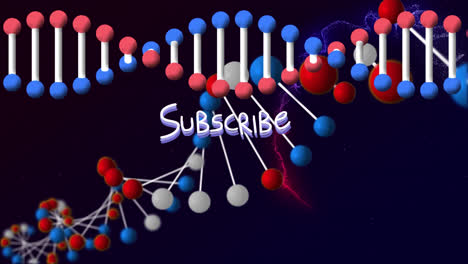 Animation-of-subscribe-text-over-rotating-dna-helixes,-flying-multicolored-abstract-pattern