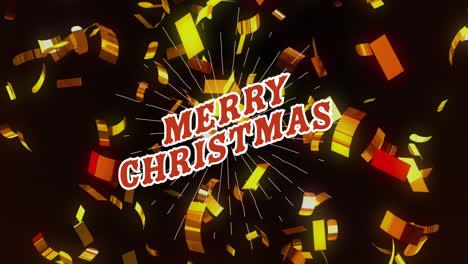 Animation-Von-Frohe-Weihnachten-Text-über-Konfetti-Auf-Schwarzem-Hintergrund