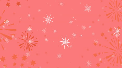 Animation-of-stars-icons-over-fireworks-and-star-pattern-in-seamless-pattern-on-pink-background