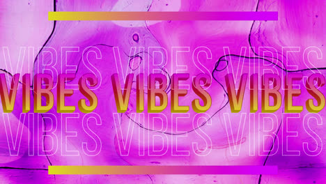Animation-Von-Vibes-Text-In-Gelb-Und-Orange,-Wiederholt-Auf-Rosa-Flüssigem-Hintergrund