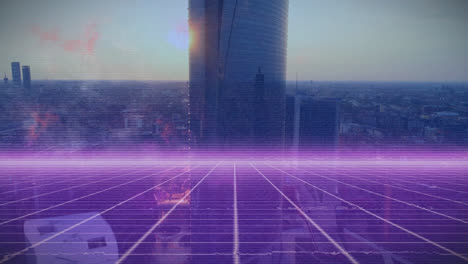 Animation-of-interference-and-neon-shapes-over-cityscape