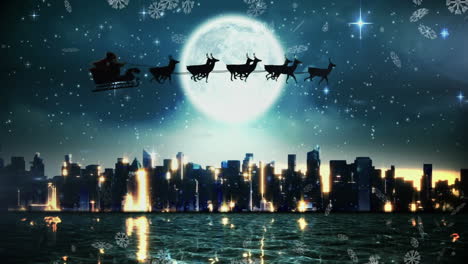 Animation-of-silhouette-of-santa-claus-in-sleigh-pulled-by-reindeers-over-cityscape-against-moon