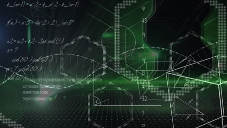 Animation-of-scientific-data,-dna-and-connections-over-black-and-green-background