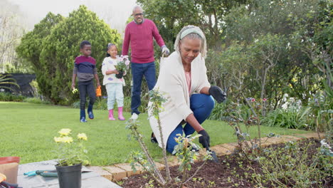 Happy-african-american-grandparents,-grandson-and-granddaughter-gardening-together,-slow-motion
