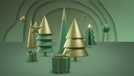 Modernist-green-and-gold-christmas-trees,-with-gifts-and-baubles-on-green-background