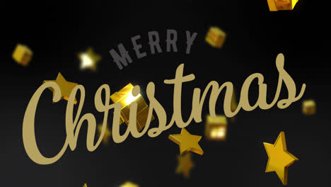 Animation-Von-Frohe-Weihnachten-Text-über-Weihnachtsgeschenke-Und-Sterne-Auf-Schwarzem-Hintergrund