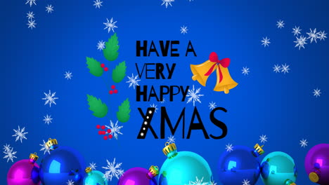 Animation-of-snowflakes-falling-over-happy-christmas-text-banner-and-baubles-on-blue-background
