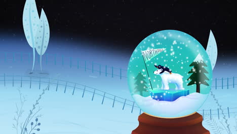 Christmas-snow-globe-with-trees-and-polar-bear-in-north-pole-over-winter-field-at-night