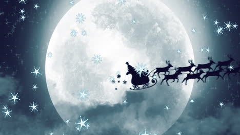 Animation-of-snowflakes,-santa-claus-riding-reindeers-sleigh-over-mountains-and-trees-against-moon