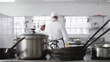 Two-focused-diverse-male-chefs-preparing-meals-in-kitchen,-slow-motion