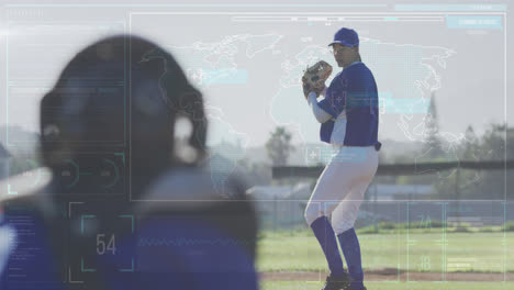Animation-of-data-processing-over-caucasian-female-baseball-player
