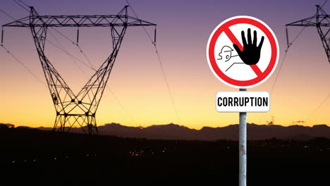 Animation-Eines-„Stoppt-Korruption“-Schilds-Vor-Netzwerktürmen-Und-Sonnenuntergangshimmel
