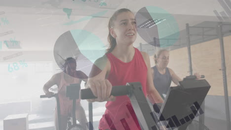 Animation-of-interface-processing-data-over-happy-diverse-women-cross-training-on-ellipticals-at-gym