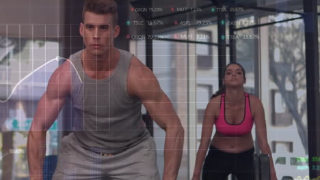 Animation-of-stock-market-data-processing-over-caucasian-fit-couple-working-out-with-barbell-at-gym