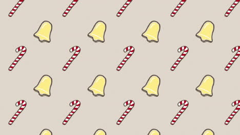 Animation-of-christmas-bells-and-candy-cane-icons-against-red-background